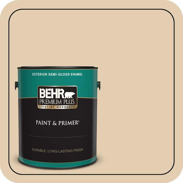 BEHR PREMIUM PLUS 1 gal. Home Decorators Collection #HDC-AC-09 Concord Buff Semi-Gloss Enamel Exterior Paint & Primer