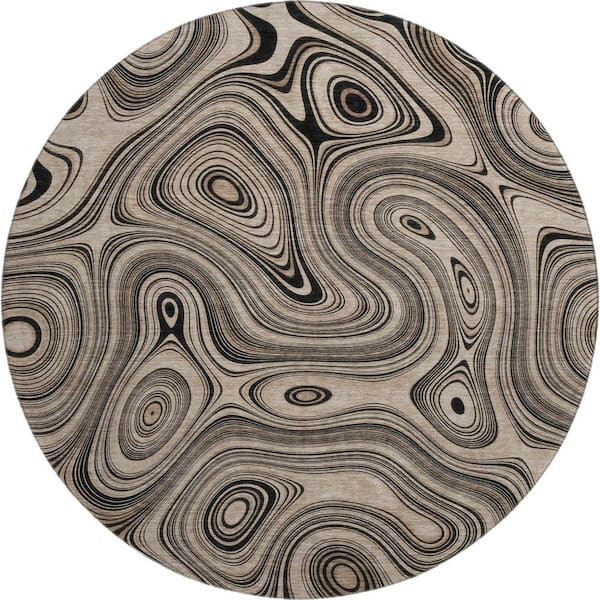 Mayfield Premium Machine Washable Abstract AMF2097 Beige 8 ft. x 8 ft. Round Rug