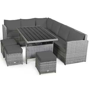 Grey 7-Piece Wicker Wood Outdoor Patio Sectional Sofa Set, Conversation Set with Grey Cushions