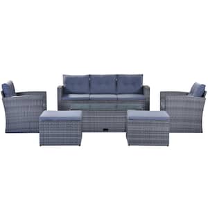 Dark Grey 6-Piece Wicker Outdoor Sectional with Light Gray Cushions