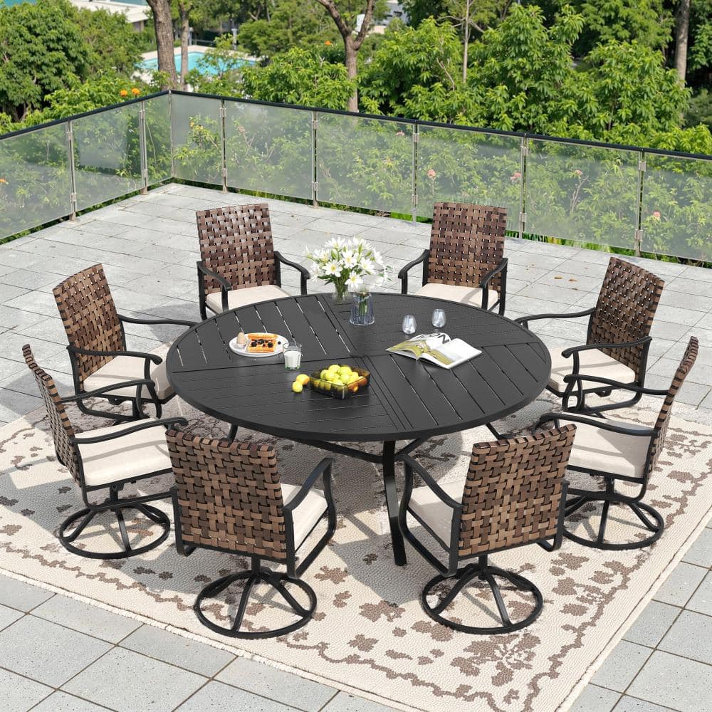 9-Piece Metal Outdoor Patio Dining Set with 8 Swivel Wicker Chairs, Beige Cushions and 59.8 in. Black Round Table price history on PriceWatchPro