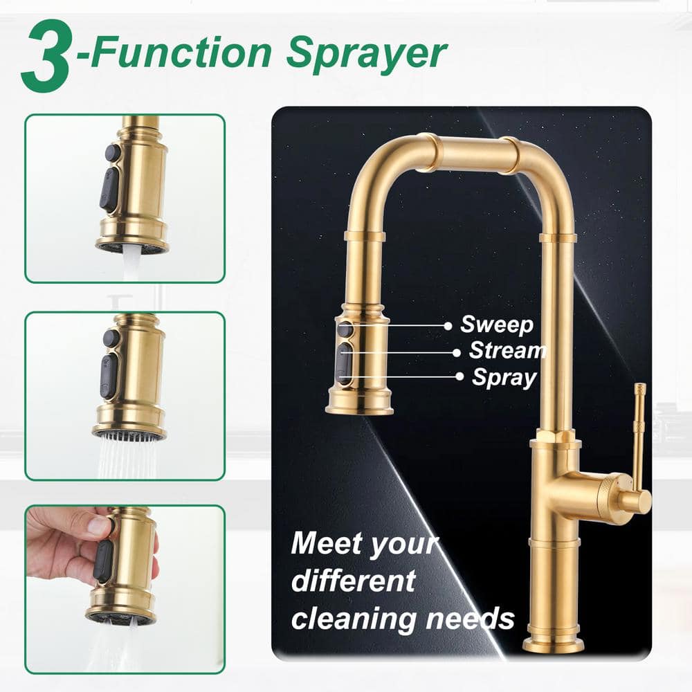 Brushed Gold Brass Single Handle Pull-Down Kitchen Faucet