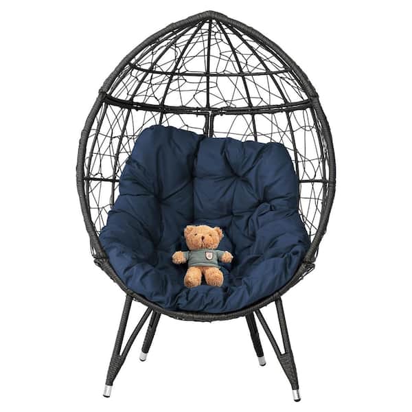 Outdoor Patio Wicker Egg Chair with Blue Cushions for Backyard