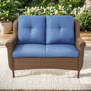 Brown PE Wicker Outdoor Loveseat with Blue Cushions and Chrysanthemum Armrest