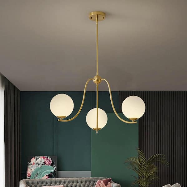 25.59 in. 3-Light Gold Sputnik Chandelier Mid-Century Kitchen PendantLight with Opal Glass Shade