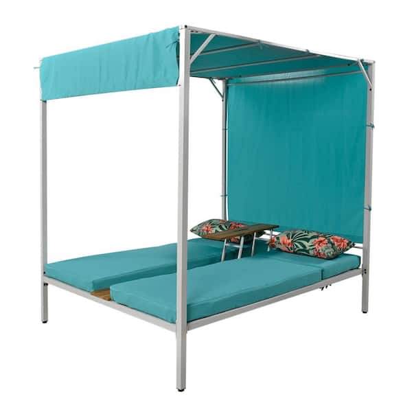 Unbranded U-Style Wood and Steel Outdoor Patio Sunbed Day Bed with Sunshade Curtains and Blue Cushions