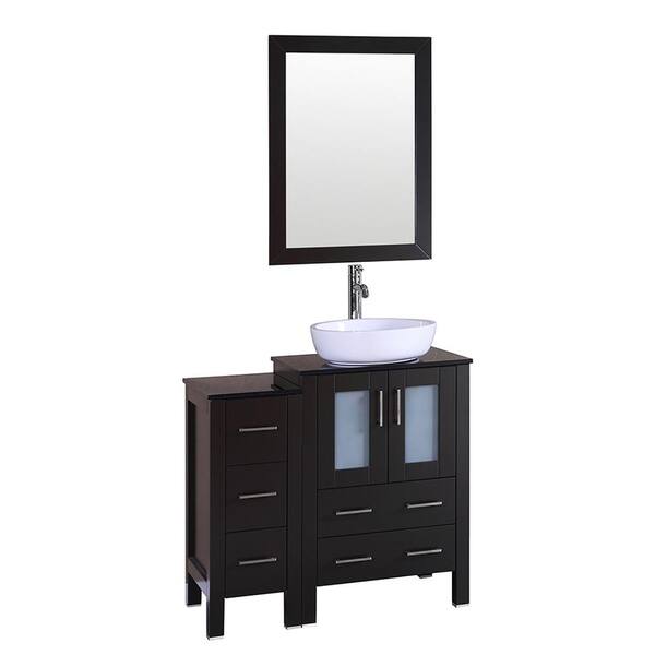 Bosconi 36 in. W Single Bath Vanity with Glass Vanity Top in Espresso with White Basin and Mirror