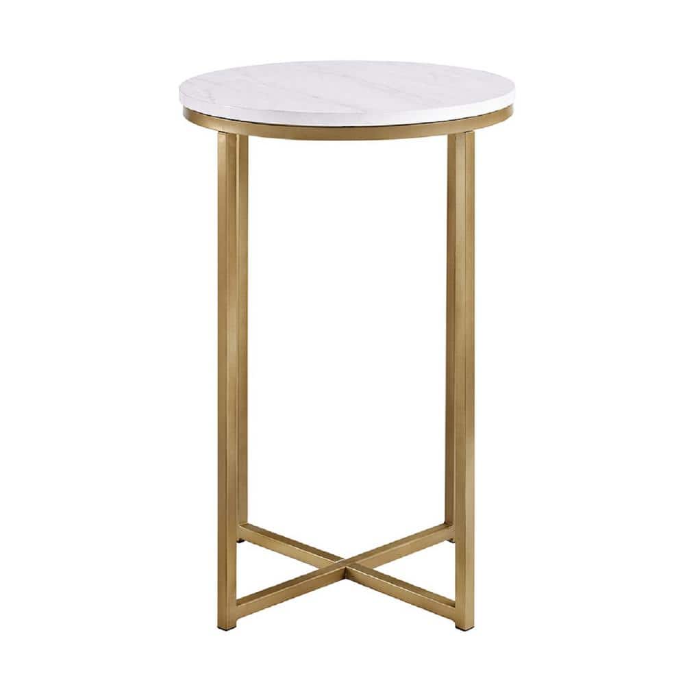 16" White Faux Marble and Gold Round End Table