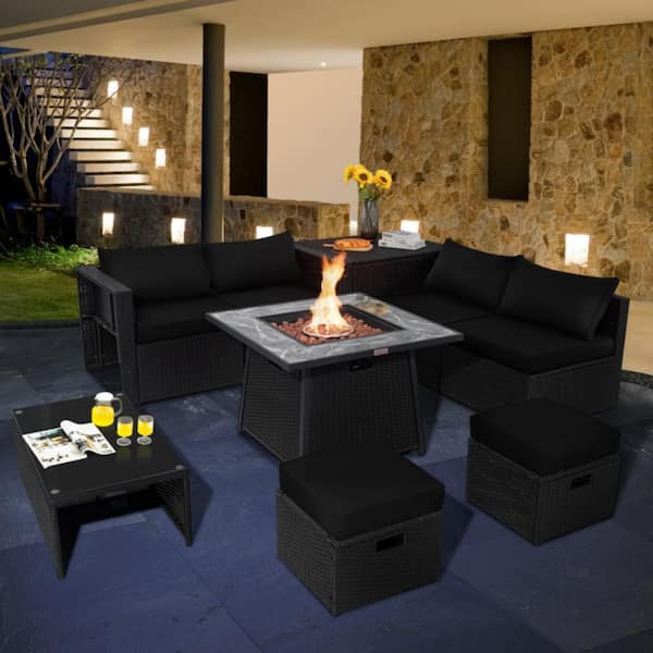 Black 9-Piece Wicker Patio Fire Pit Set with Black Cushions