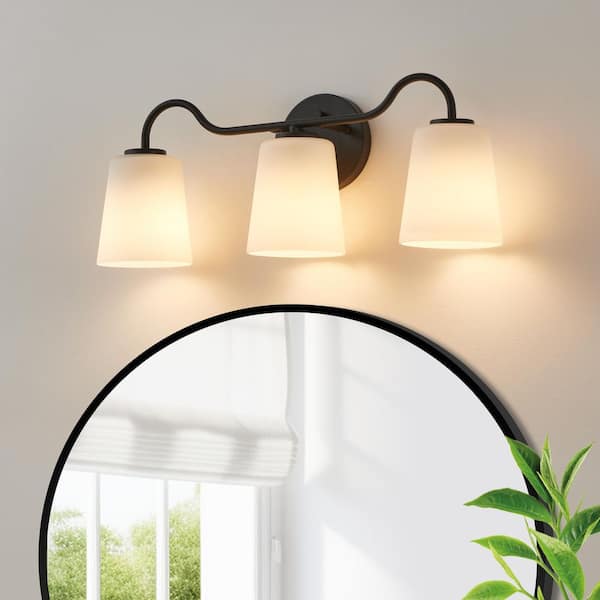 23.5 in. 3-Light Painted Black Vanity Light with Opal Glass Shades