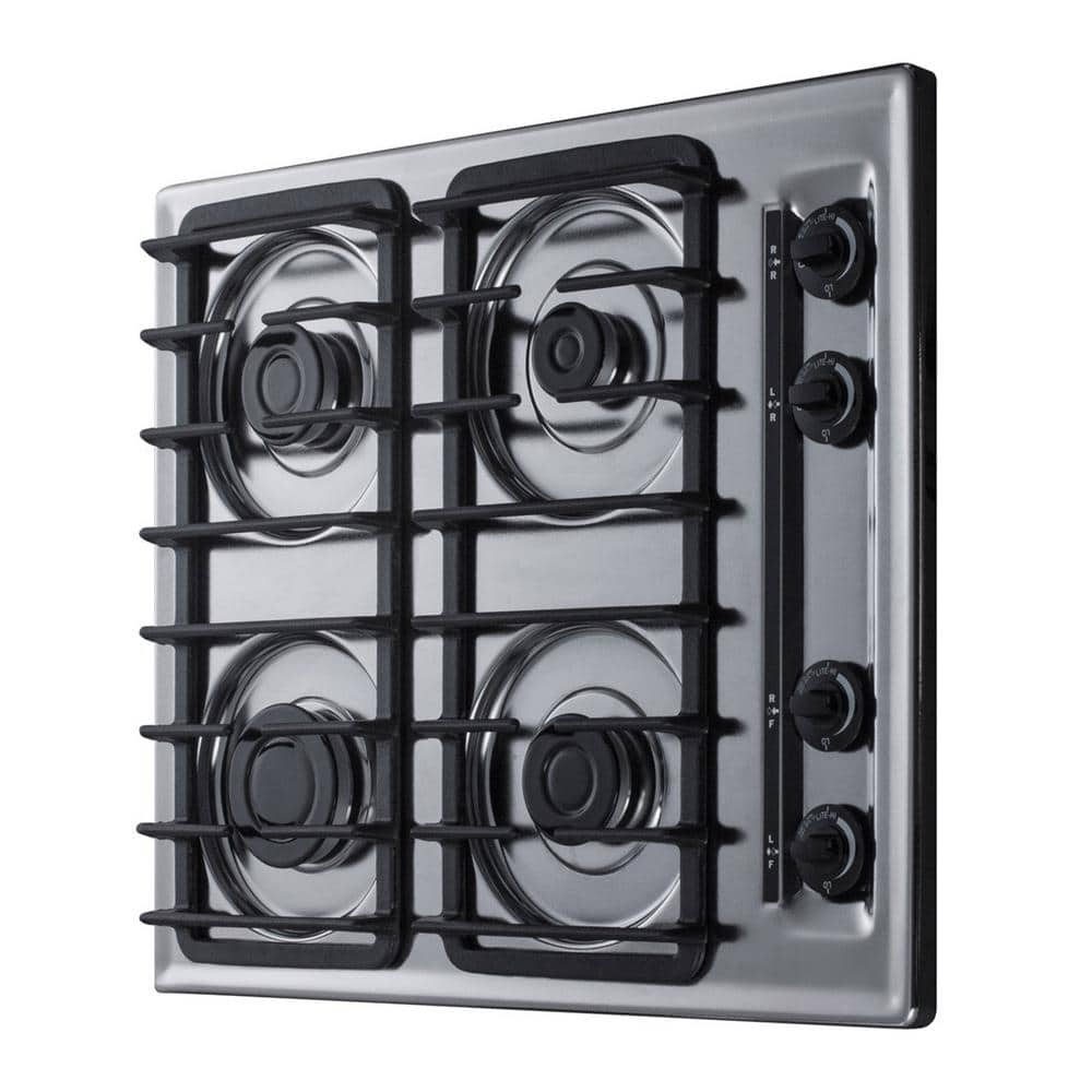24" Chrome Gas Cooktop with 4 Sealed Burners and Cast Iron Grates