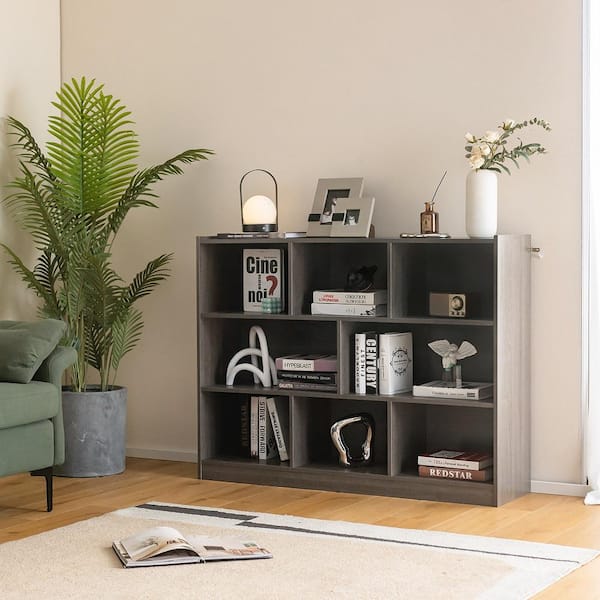 3-Tier Open 12.5 in. Wide Grey 8-Cube Bookshelf Storage Display Cabinet French Oak Bookcase