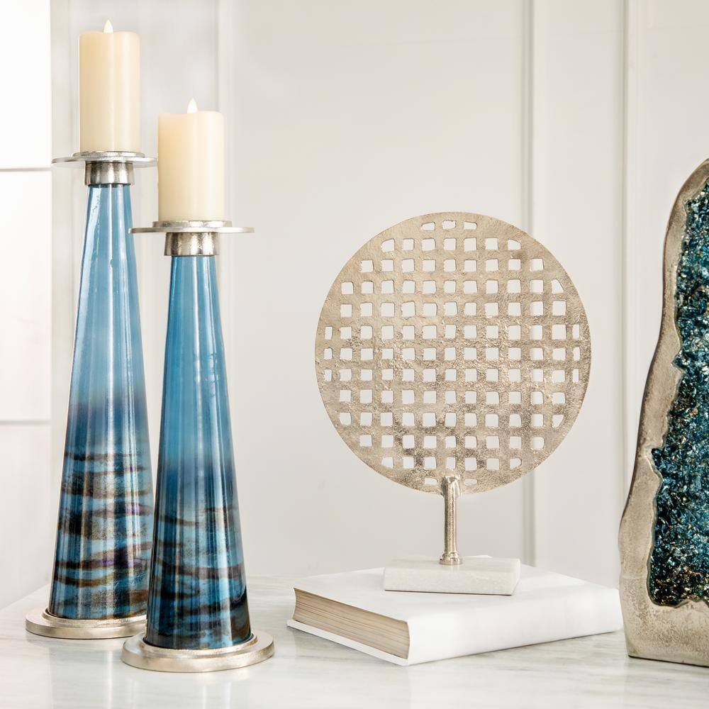 22" Blue and Brown Glass Pillar Candle Holder