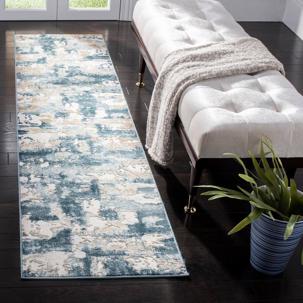 Abstract Beige & Turquoise 24"x10" Synthetic Easy-Care Runner Rug