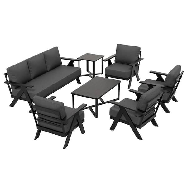Modern 7-Piece Patio Set: 4 Lounge Chairs Three-Seater Sofa Coffee Table Side Table Black Steel with Gray Cushions