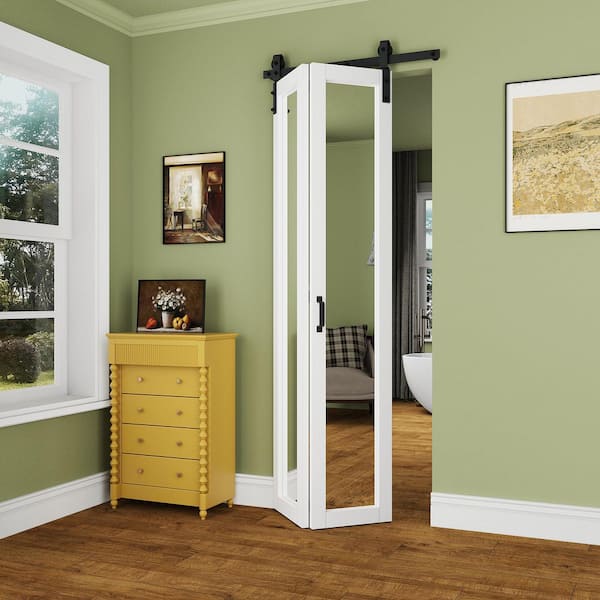 36 in. x 84 in. 1-Lite Mirrored Glass White Finished Composite Bi-Fold Sliding Barn Door with Hardware Kit