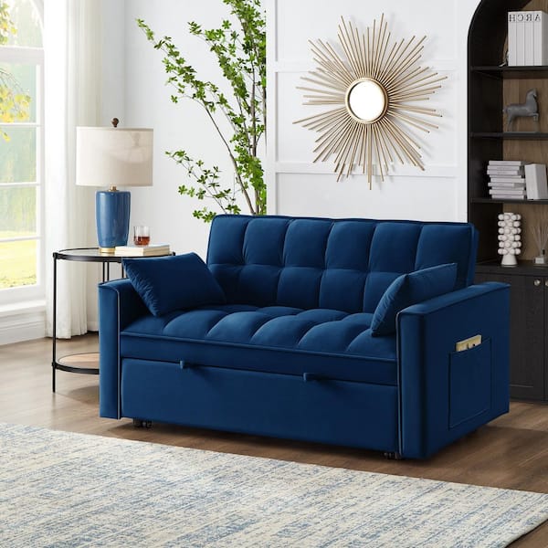 Fowler 52.5 in. Navy Blue Upholstered Velvet Tufted Convertible Pull-Out Twin Size Sofa Bed with Storage Pocket, Pillow