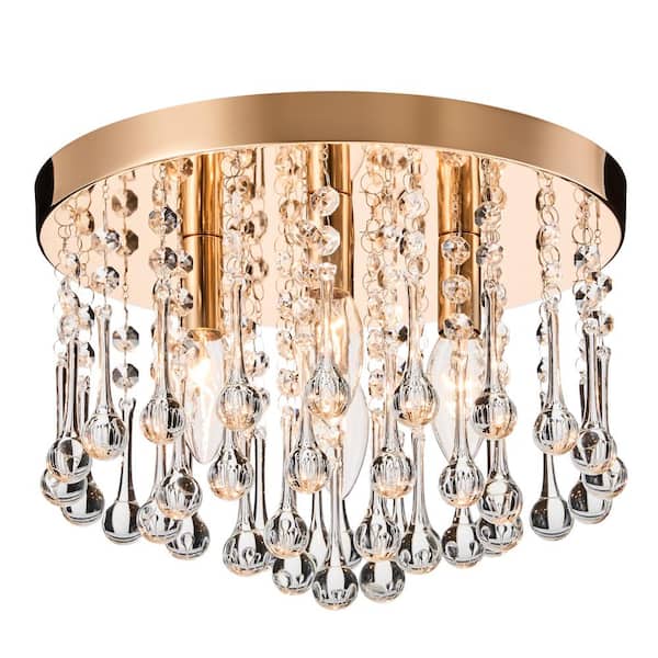4-Light 11.8 in. Crystal Chandelier Drum Flush Mount Light Fixture, Gold