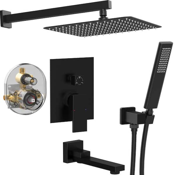 waterpar 1-Spray Square 10 in. Shower System Fixed Shower Head and Tub Faucet with Hand Shower in Matte Black (Valve Included)