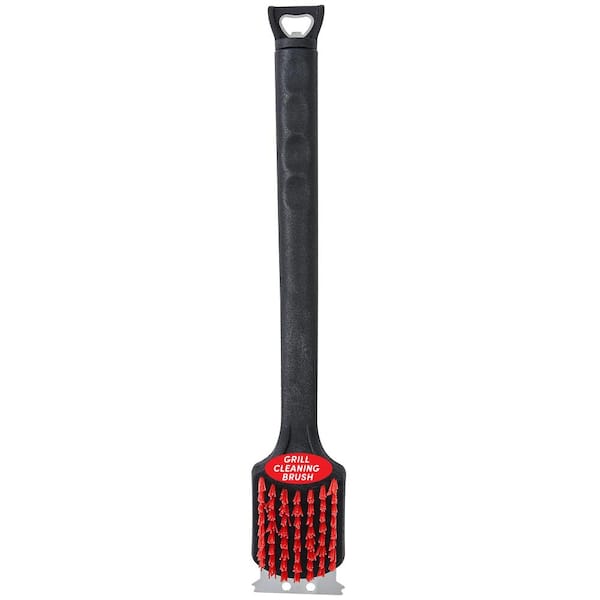 17 Inch Grill Cleaning Brush with Nylon Bristles, Scraper, Rubber Handle and Bottle Opener, Black