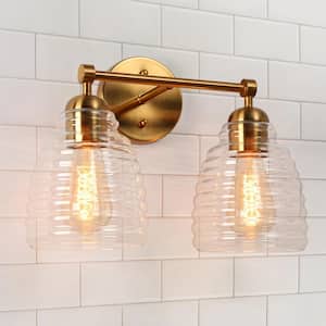 Modern 14.5 in. 2-Light Plated Brass Bathroom Vanity Light with Dome Clear Glass Shades