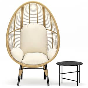 1-Person Natural Wicker Outdoor Egg Chair Patio Backyard Living Room Lounge Chair with Beige Cushion and Side Table