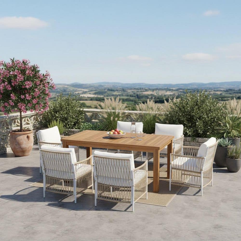 7-Piece Natural Wood Outdoor Dining Set with Beige Cushions Rectangular Table with 6 Rattan Arm Chairs for Poolside