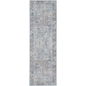 57 Grand Machine Washable Light Grey/Blue 2 ft. x 10 ft. Bordered Traditional Kitchen Runner Area Rug