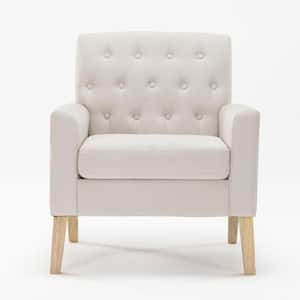Beige and Walnut Linen Mid Century Modern Button Tufted Accent Chair with Wood Legs (Set of 2)