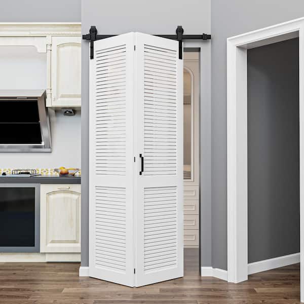 40 in. x 84 in. Solid Core White Finished MDF Louver Closet Bi-Fold Sliding Barn Door Slab with Hardware Kit