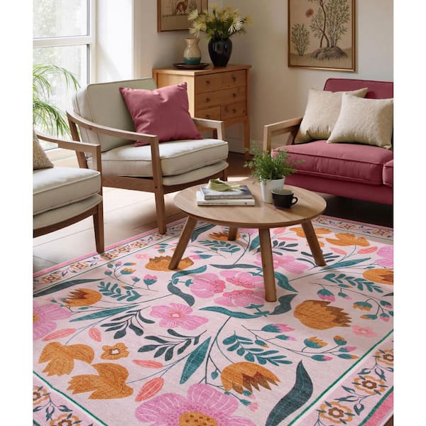 5' x 7' | Washable Fairy Garden Pink Area Rug | Machine Washable | Stain-resistant, Kid-pet Friendly Rug for Living Room