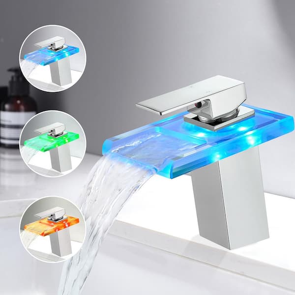 Single Handle Single Hole Bathroom Faucet LED Light 3 Colors Change Waterfall Glass Spout Hot Cold in Chrome