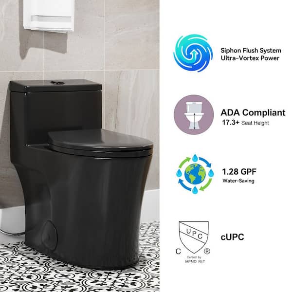 HOROW 1-Piece 0.8/1.28 GPF Dual Flush Elongated Toilet in Black