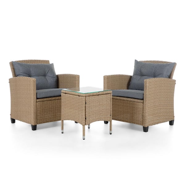 MUSE & LOUNGE Valo Natural 3-Piece Wicker Patio Conversation Set with Gray Cushions