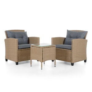 Valo Natural 3-Piece Wicker Patio Conversation Set with Gray Cushions