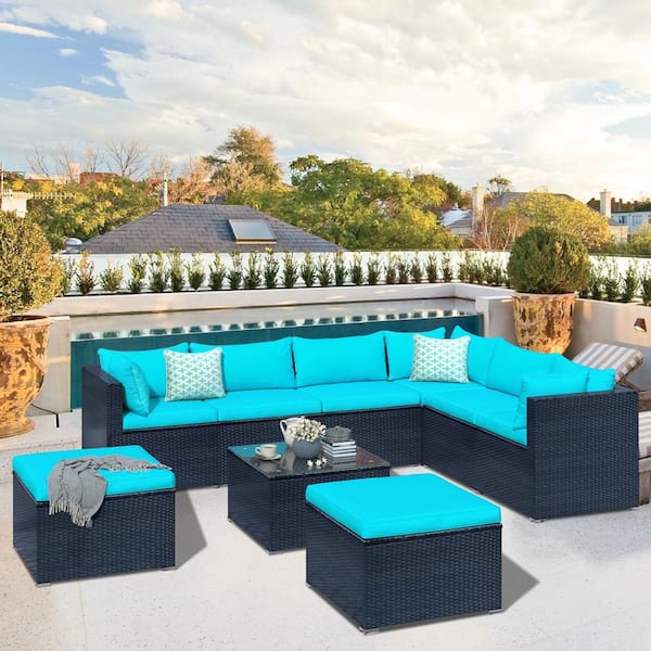 Tunearary 9-Piece Black PE Wicker Patio Conversation Set with Blue Removable Cushions
