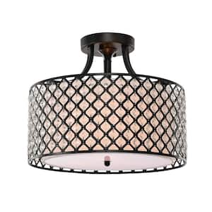 Belle 15 in. 3-Light Glam Antique Black Semi-Flush Mount with Crystal Beaded Drum Shade