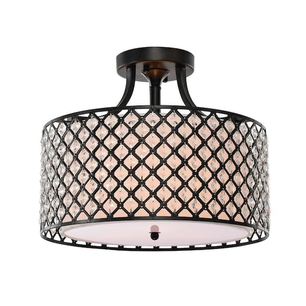 Edvivi Belle 15 in. 3-Light Glam Antique Black Semi-Flush Mount with Crystal Beaded Drum Shade