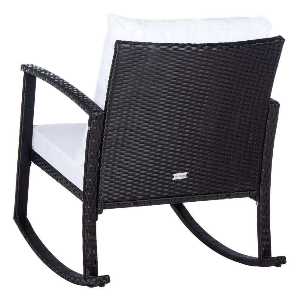 Breezy Black PE Rattan Rocking Chair with Plush White Cushions