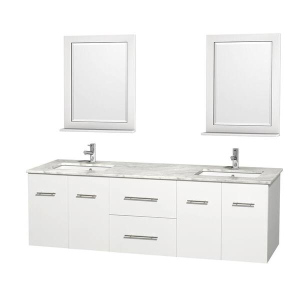 Wyndham Collection Centra 72 in. Double Vanity in White with Marble Vanity Top in Carrara White, Square Sink and 24 in. Mirror