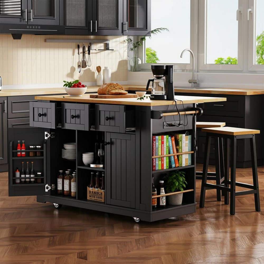 Farmhouse Black Wood 53 in. Power Outlet Drop Leaf Rolling Kitchen Island Storage Kitchen Cart with 3-Drawer and 2-Door