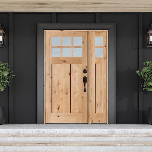 50 in. x 80 in. Alder 3 Panel Left-Hand/Inswing 6-Lite Clear Glass Red Chestnut Wood Prehung Front Door/Right Sidelite