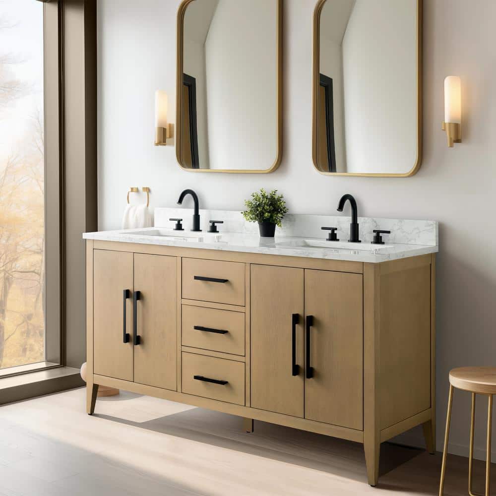 60" Natural Oak Double Sink Bathroom Vanity with Marble Top