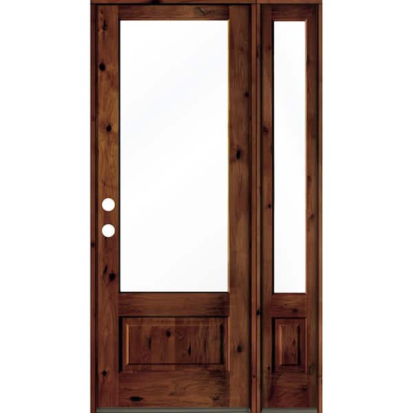 Krosswood Doors 50 in. x 96 in. Knotty Alder Right-Hand/Inswing 3/4 Lite Clear Glass Red Chestnut Stain Wood Prehung Front Door with RSL
