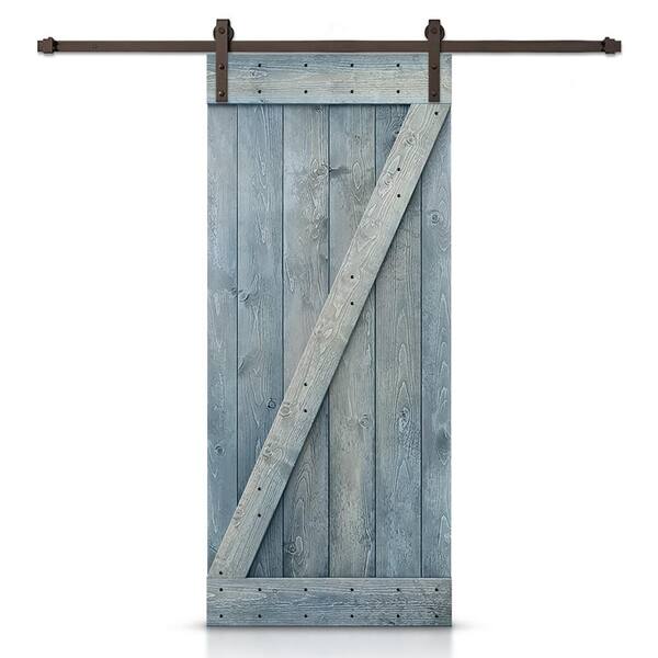 CALHOME Z Bar Series 30 in. x 84 in. Pre-Assembled Denim Blue Stained Wood Interior Sliding Barn Door with Hardware Kit
