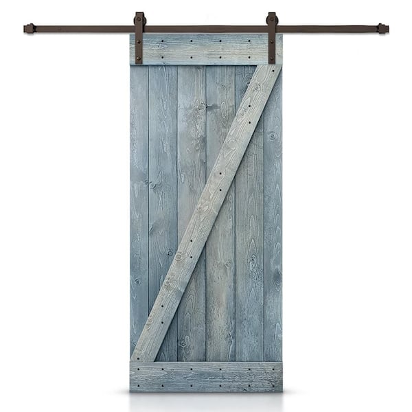 CALHOME Z Bar Series 36 in. x 84 in. Pre-Assembled Denim Blue Stained Wood Interior Sliding Barn Door with Hardware Kit