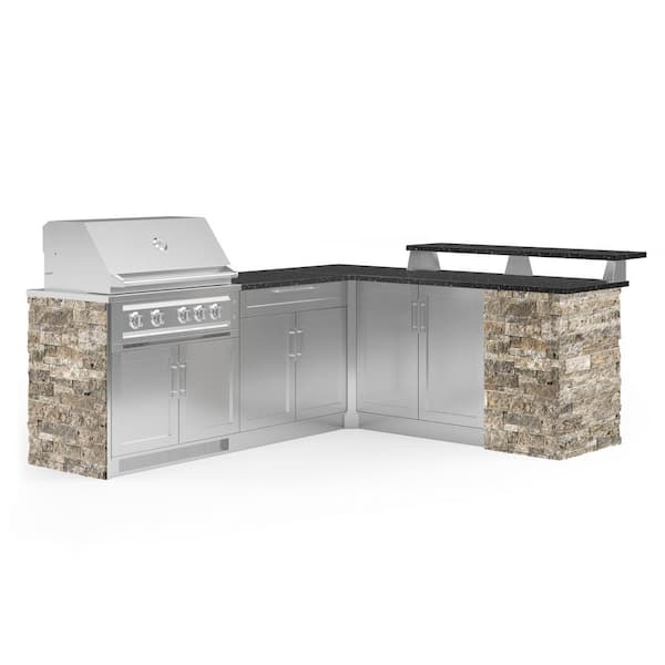NewAge Products Signature Series Stainless Steel 8-Piece L Shape Outdoor Kitchen Cabinet Set with Natural Gas Platinum 36 in. Grill