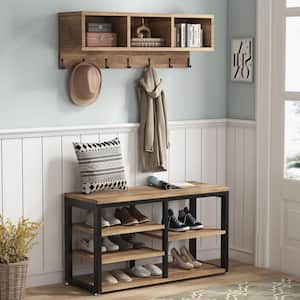 Howard Coffee Wood 32 in. Shoe Rack with Coat Hooks, Hall Tree with Shoe Bench and Shelves