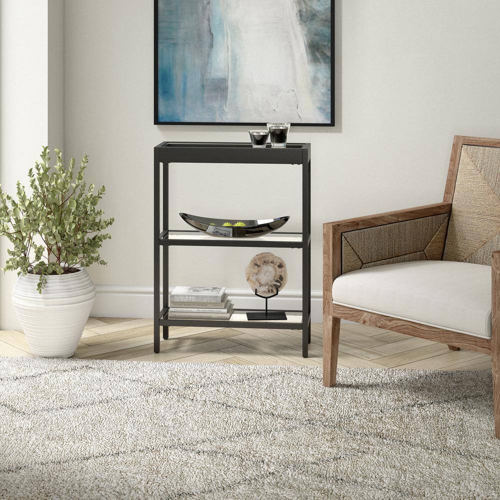 Sleek Blackened Bronze and Tempered Glass Console Table with Storage