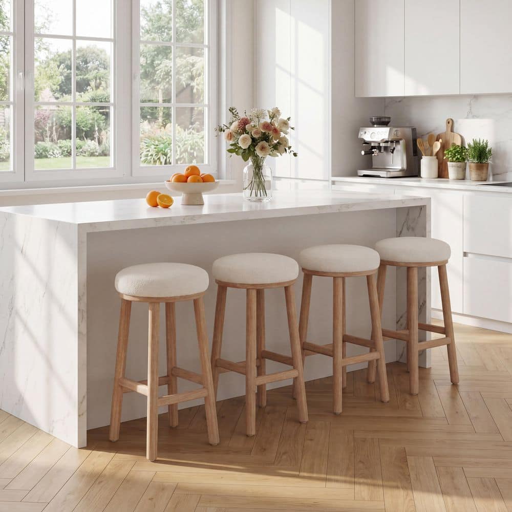 Beau 27.36 in. H Natural+Beige Round Fabric Modern Upholstered Bar Stools, Solid Wood Frame, Set of 4 price history on PriceWatchPro